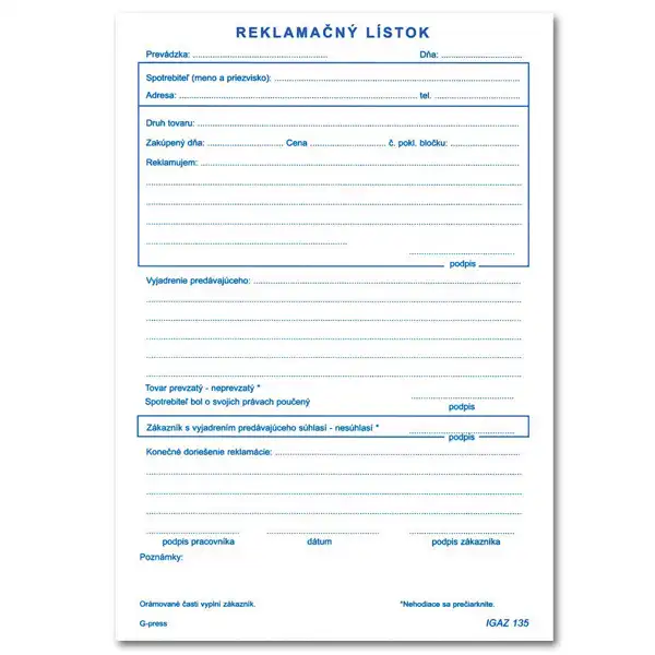 Reklamačný list A5 – 100 listov – samoprepis