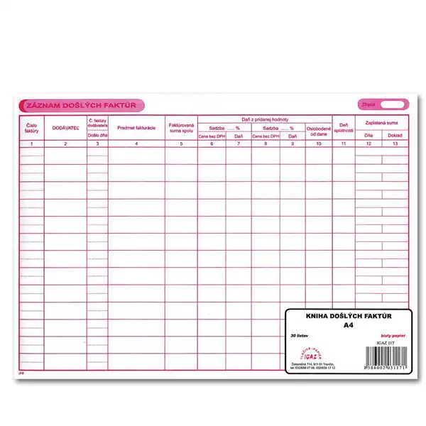 Kniha došlých faktúr – 30 listov