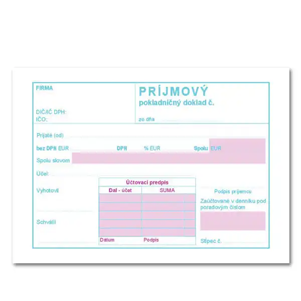 Príjmový pokladničný doklad A6 s DPH – dvojfarebný – samoprepis – 100 listov